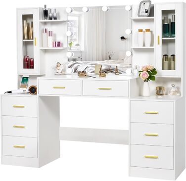 Великий туалетний столик ANWBROAD з LED-підсвіткою (3 кольори), розетками, дзеркалом та 8 висувними ящиками. Сучасний дизайн, колір - білий, розмір 150x135x40 см. Модель BDT67W