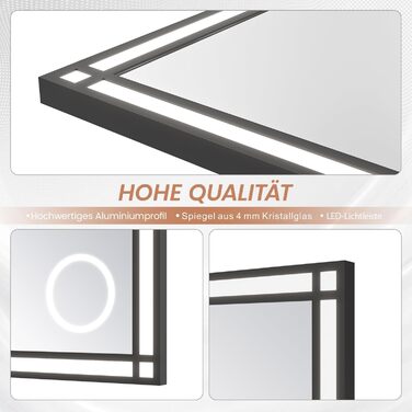 LED дзеркало для ванної кімнати AQUABATOS 50x70 см з підсвічуванням, ефект вікна, сенсорне керування, регулювання яскравості, антизапотівальне покриття, чорний алюмінієвий каркас, індустріальний стиль, годинник, дзеркало для макіяжу