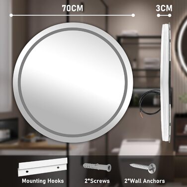 Дзеркало для ванної кімнати з підсвічуванням, 60 см, кругле, з антизапарюванням, регульоване, 3 кольори світла (70x70 см)