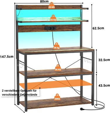 Кухонна полиця-стійка з розеткою, підставка для мікрохвильовки, 5-ярусна кавобар з LED-підсвічуванням, полиця для спецій, каструль та сковорідки, коричнева, 80 см