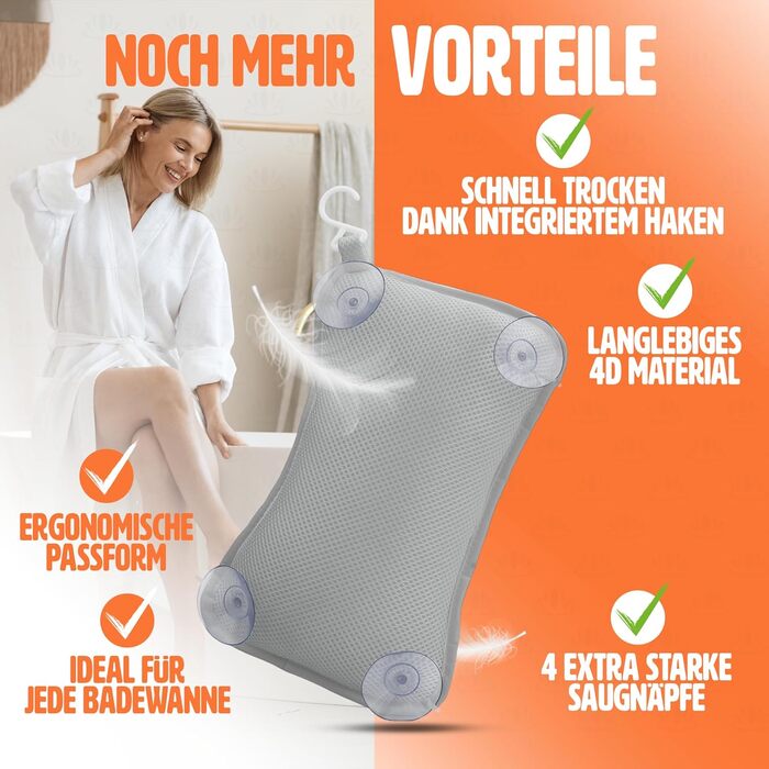 Подушка для ванни сірого кольору – преміум якість, 4 надміцні присоски, ергономічна форма для шиї та спини, інтегрований гачок