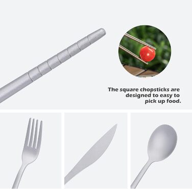 Набір столових приладів iBasingo Titan для кемпінгу: ложка, виделка, ніж, палочки для їжі. Металевий набір для відпочинку та подорожей Ti1056T