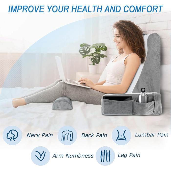 HOMCA Подушка для читання та відпочинку в ліжко та на диван з знімною подушкою для шиї та підлокітником, подушка для спини, настінна подушка, багатофункціональна подушка-клиновид для читання, роботи та перегляду телевізора (36x40x48 см)