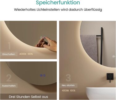 Дзеркало для ванної кімнати EMKE круглої форми з підсвічуванням 80 см – дзеркало з 3 кольорами світла, регулюванням яскравості, сенсорним управлінням, функцією пам'яті, енергозберігаюче – для ванної кімнати та на стіну (50x50 см)