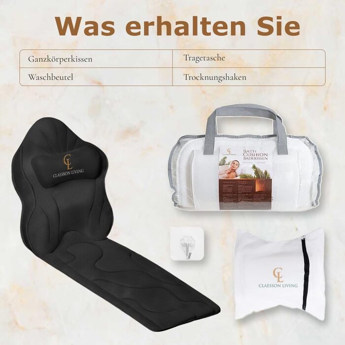 Подушка для ванни повний корпус (126x41 см) з підголівком (13 см) - біла (темно-сіра) - підтримка шиї, спини та ніг + сумка для прання та подорожі