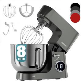 Кухонна машина Heinrichs 2500W з двома гаками для тіста, міксером та насадкою для збивання, 8 швидкостей, чаша 8л з нержавіючої сталі, тиха, з титановим покриттям