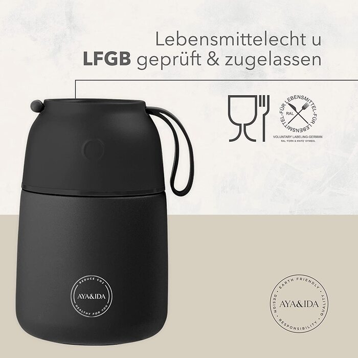 АЙЯ і Іда будь то гаряча або холодна їжа, високоякісний термос для харчових продуктів з нержавіючої сталі - ідеальний компаньйон для подорожей. Гарячий протягом 8 годин і холодний протягом 12 годин. (Матовий чорний, 500 мл)