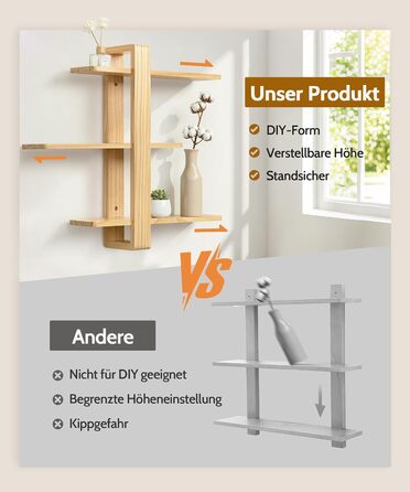 Полиця настінна SUMGAR з дерева, плаваюча, три яруси, 50x58 см (біла/дерево) для вітальні, спальні