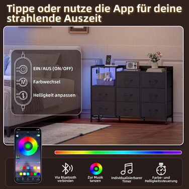 Комод Somdot з висувними ящиками для спальні, вітальні, передпокою з LED-підсвічуванням та розетками (2 AC, 1 USB, 1 Type-C), 5 тканинних ящиків, білий, 29T x 66,5B x 70,5H cm (Чорний, 29T x 99B x 70.5H cm (8 ящиків))