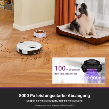 Робот-пилосос Eureka E20 Plus з потужністю 8000 Па, самостійною станцією очищення, функцією запобігання заплутування, 3D уникнення перешкод, 180 хвилин роботи, DuoDetect AI, білий