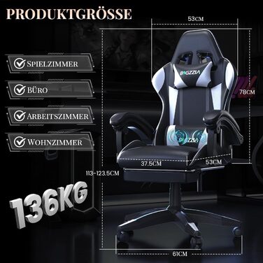 Ігровий крісло Bigzzia з масажем та підніжкою, ергономічний дизайн, регульована спинка 90-135°, з подушками для голови та попереку, білий