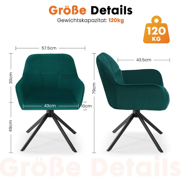 Набір з 2 стільців Sweetcrispy для їдальні, кухня, робочий кабінет, зелений, до 120 кг, з металевими ніжками