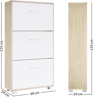 Шафа для взуття Casaria® на 18 пар, вузька, 115x60x25 см, 3 дверцята, висока, з дерева, закрита, з фіксацією від перекидання, для прихожого, світла бука/білий колір