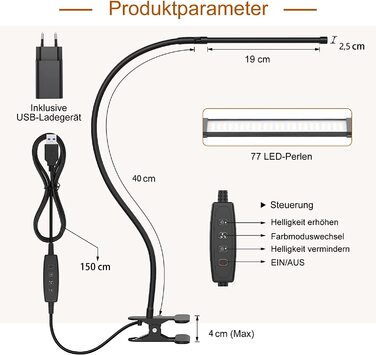 Світлодіодна настільна лампа izell 77 з регульованою яскравістю - 3 колірні температури і 10 рівнів яскравості гнучка гусяча шия 40 см з USB-зарядним пристроєм, затискною лампою, офісною лампою, робочою лампою для домашнього офісу / офісу 40 см гусяча шия