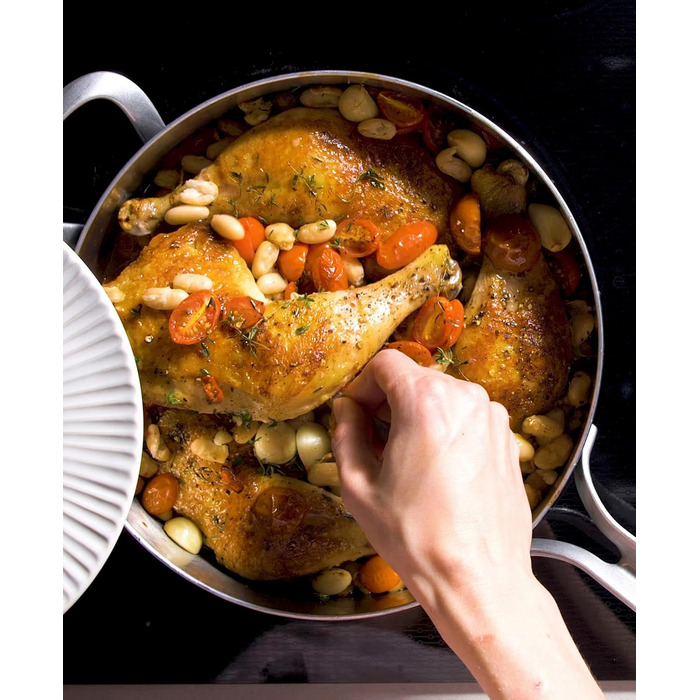 Сковорода GreenPan X Food 52 Five-Two Essentials з нержавіючої сталі Tri-Ply 4QT з кришкою, без PFAS, Multi-Clad, для індукційних плит, можна мити в посудомийній машині, термостійка, срібна