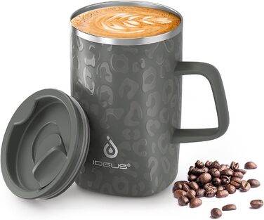 Кавова чашка Ideus® 470 мл з подвійними стінками, з нержавіючої сталі, з антиковзним ручками та кришкою-висувним модулем (Червоний Зебра, Leopard Gray)