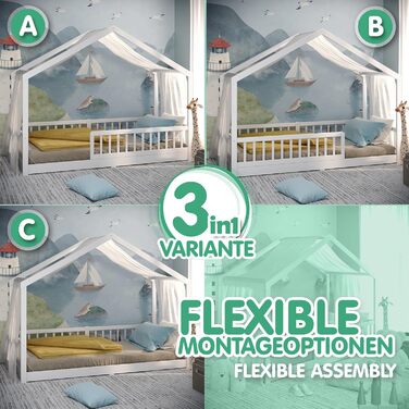 CADANI Мальте - ліжко-будиночок для дітей 120x200 см, біле, Montessori, з бортиками, трансформується, з ламелями, до 200 кг, біле