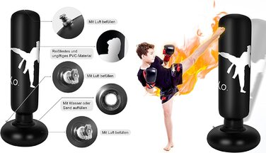 Боксерська груша XBEN для дітей від 5 років і старше, надувна боксерська груша 160 см, стояча дитяча боксерська груша для дітей, дорослих, що займаються карате, тхеквондо, скиданням тиску і домашніми тренуваннями, 160 см чорного кольору