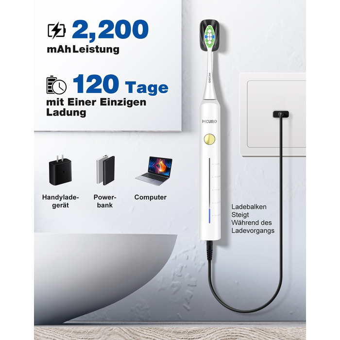 Електрична звукова зубна щітка з 6 насадками DuPont, 5 режимів, таймер, індикатор заряду, 120 днів роботи від акумулятора, 45000 VPM, відбілювання за 1 тиждень