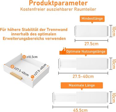 Органайзери для шухляд MOFELON, 8 шт., регульовані (33-58.5 см, 6.4 см H), для шафи, кухні, комода, спальні, ванної кімнати - білий