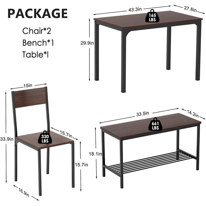 Обідній комплект SogesFurniture з 4 предметів стіл 110x70x76см, 2 стільці, лавка, металевий каркас, горіх/чорний