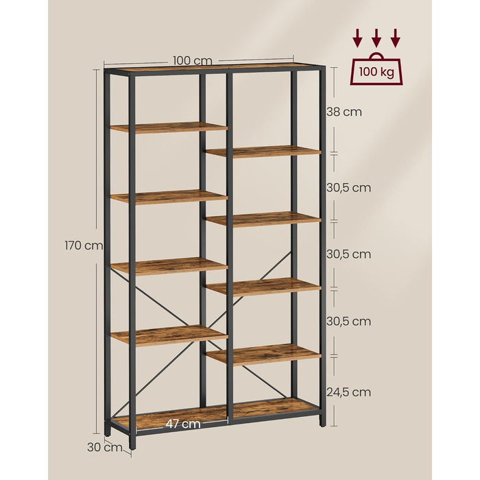 Стильна полиця VASAGLE з 5 полицями для вітальні, ванної, кухні, коридору. Легка збірка, вінтажний дизайн, колір: коричневий + чорний