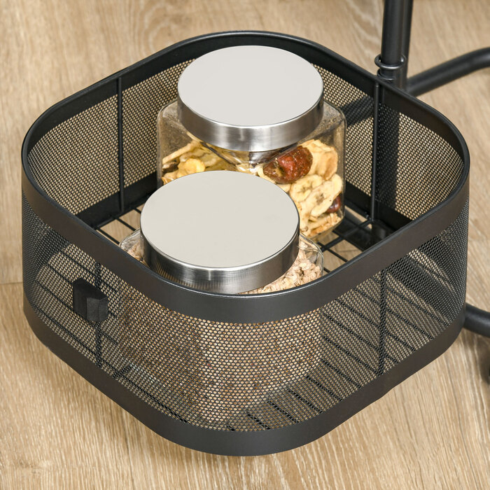 Поворотний кухонний візок на 4 рівнях з коліщатками та дротяними кошиками. Візок з верхньою полицею, розміром 33x33x77 см, чорного кольору.