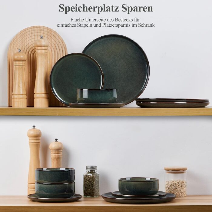 Набір посуду Joyfair на 6 осіб (18 предметів), кераміка, темно-зелений, для мікрохвильовки та посудомийної машини. Елегантний гладкий дизайн.