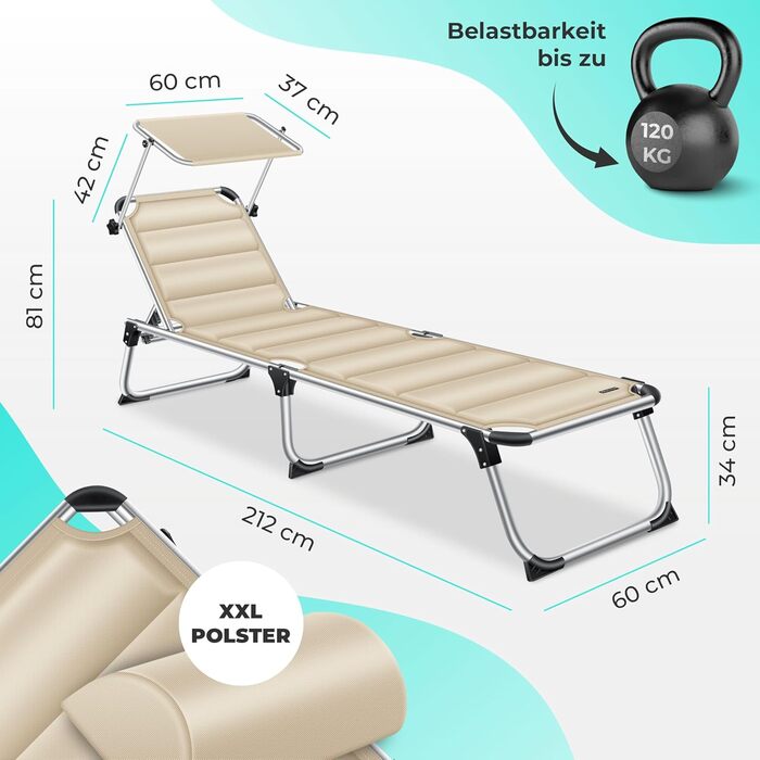 Кесер® Розкішна сонцезахисна лежанка Sun з дахом для саду, розкладний лежак, регульована спинка, ергономічний м'який матеріал, алюмінієвий каркас, портативна, для відпочинку, бежевий колір