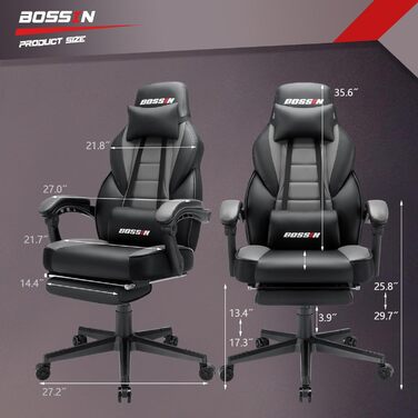 Крісло ігрове Bossin Racing Style для офісу та комп'ютерного столу з підніжкою та підголівником сірого та чорного кольору