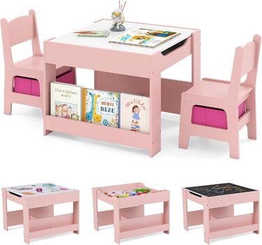 Дитячий стіл LIFEZEAL 3 в 1 з 2 стільцями: стіл для малювання, активностей та обіду. Дерев'яна дитяча група з місцем для зберігання (Рожевий)