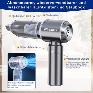Акумуляторний ручний автомобільний пилосос 4 в 1, потужність 22000 Па, циклонна система, 3 режими всмоктування, портативний бездротовий пилосос для авто та шерсті тварин (Темно-сірий)