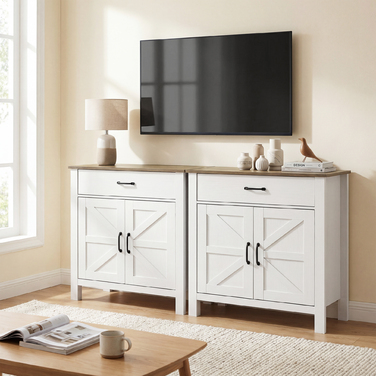 Буфет-шафа для вітальні/кухні в сільському стилі з розсувними дверцятами та регульованими полицями, білий колір