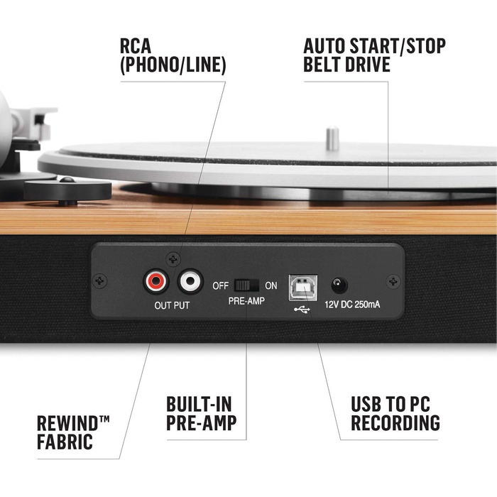 Бездротовий програвач вінілу House of Marley Stir It Up Bluetooth, екологічний, 33/45 об/хв, з вбудованим передпідсилювачем, головкою Audio-Technica, з бамбука
