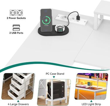 Кутовий стіл YITAHOME з LED-підсвічуванням, 4 шухлядами, 2 розетками та USB-портами, 130x100 см (білий)