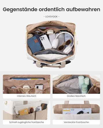 Сумка-валіза LOVEVOOK для жінок, 45L, Weekender, ручна поклажа, велике відкривання, сумка для пологового будинку, спортивна сумка, дорожня сумка, з відділенням для взуття та мокрою білизною, для подорожей, Gym, beige+khaki