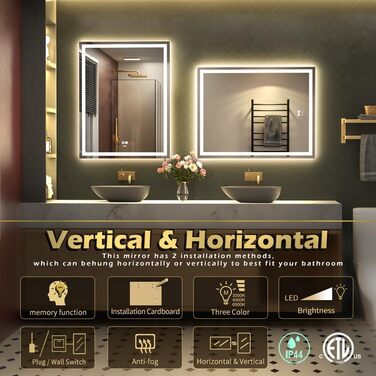 Дзеркало для ванної кімнати LED з підсвічуванням, комодне дзеркало для макіяжу, настінне, 6500K, антитуманне, IP44, 90 x 60 см