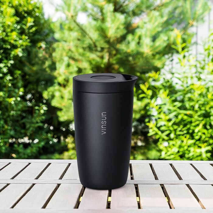 Термокружка VINSUN 350 мл, не протікає, з нержавіючої сталі, для гарячих та холодних напоїв, з Quick Press кришкою, для авто, університету (Чорний)