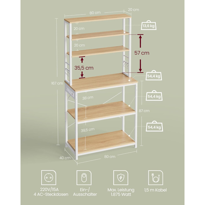 Полична шафа VASAGLE для кухні з розетками, мікрохвильова шафа, 6 полиць, 6 гачків, сталевий каркас, 40 x 80 x 167 см, вінтажний колір, KKS119K06