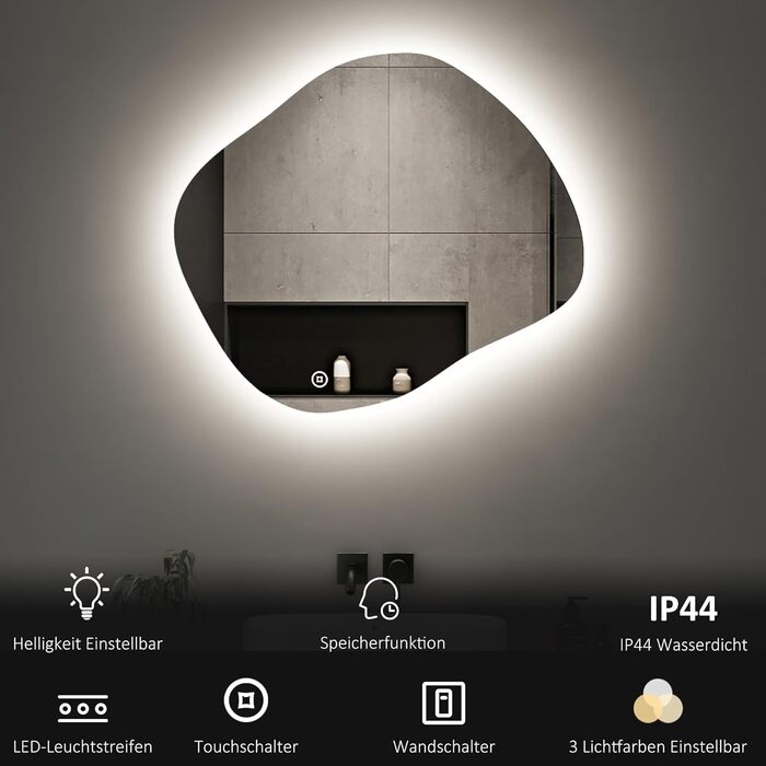 Асиметричне дзеркало для ванної кімнати Boromal з підсвічуванням 80x80 см LED, сенсорний вимикач, 3 кольори світла, регулювання яскравості