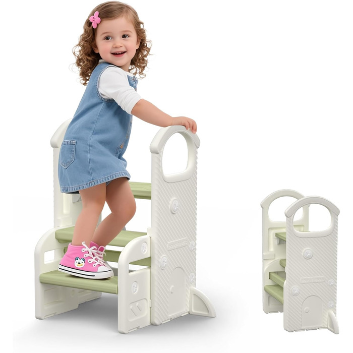 Триттхокер Hoopyosms для дітей, 2/3-рівневий, регульована висота, складаний, з поручнями, антиковзаюча поверхня, для ванної та кухні, підходить для малюків (зелений)