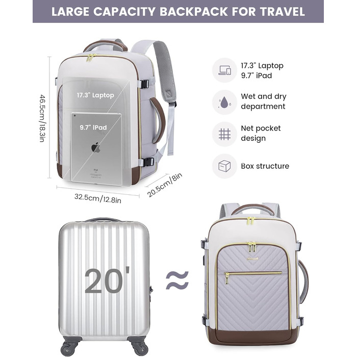 Рюкзак LOVEVOOK для ручної поклажі 40L: жіночий, для подорожей, з відділенням для ноутбука 17.3