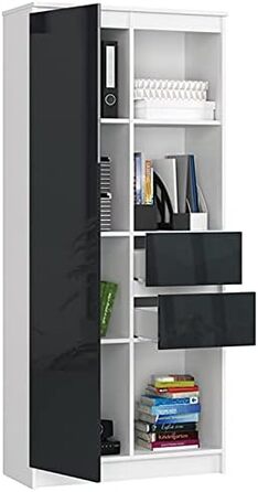 Офісна книжкова шафа AKORD CLP 80 см 7 полиць 2 шухляди та дверцята для документів Книги для спальні шафа Шафа для вітальні Ламінована дошка 16 мм Колір Білий (Wit / Hoogglans Grafiet)