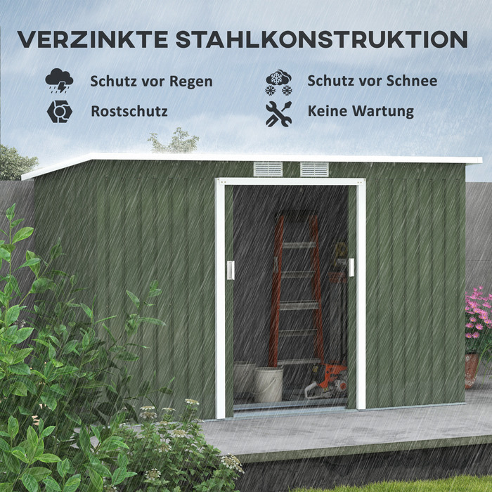Outsunny Garden Shed, Садовий сарай, Садовий сарай з розсувними дверима, Вентиляційне вікно, Моноскатний дах, Відкритий, Сталевий, Світло-зелений, 280 x 130 x 172 см | Аосом