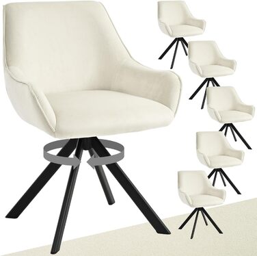 Обідні стільці поворотні, комплект 6 шт. з підлокітниками, 360° - м'які стільці з тканини льон, сучасний дизайн, металевий каркас, для кухні, вітальні, офісу, бежевий