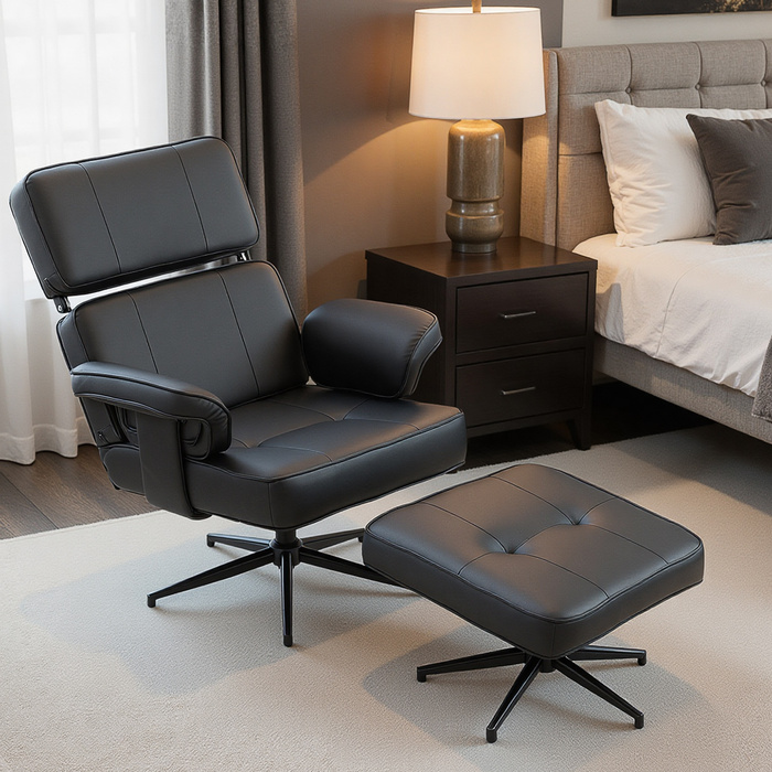 Регульоване крісло для відпочинку з відкидною підніжкою, обтягнуте штучною шкірою, з регульованою підголівником, металевим каркасом, чорного кольору.