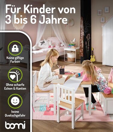 Дитячий меблевий набір Bomi Anna: стіл, 2 стільці та лавка-сховище | Меблі для дитячої кімнати з екологічного дерева | Білий (білий-натуральний)