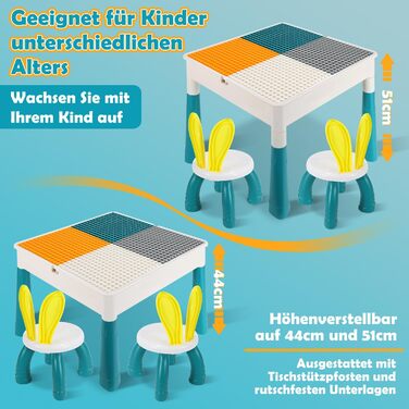 Дитячий стіл з 2 стільцями, ігровий стіл для дітей з 251 кубиком, багатофункціональний стіл для активностей від 2 років з місцем для зберігання, творчий стіл для конструювання з набором кубиків