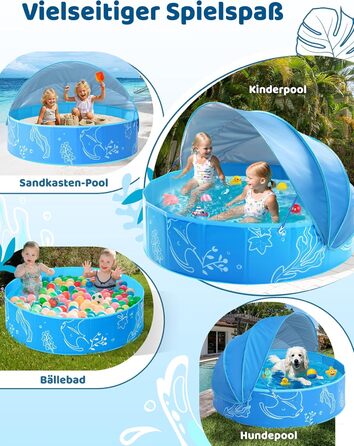 Надувне дитяче басейн з тінню 47 дюймів для пляжу, саду, дому (блакитний)