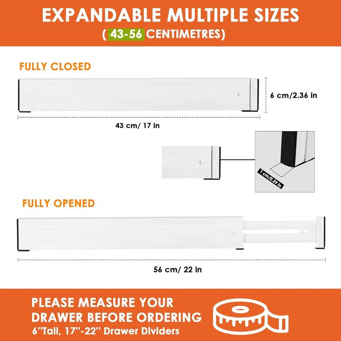 Органайзери для шухляд MUUKAIII (6 шт.) - бамбукові роздільники для шухляд, 43-56 см, 6 см висота, для кухні та шафи - білий